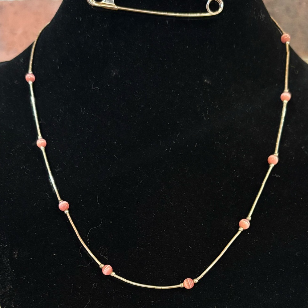 Vintage 925 liquid silver and Pink Cats Eye Bead Necklace. Size 16 inches